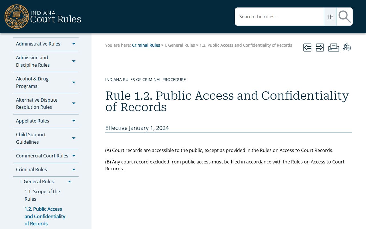 Indiana Criminal Rule 1.2 public access