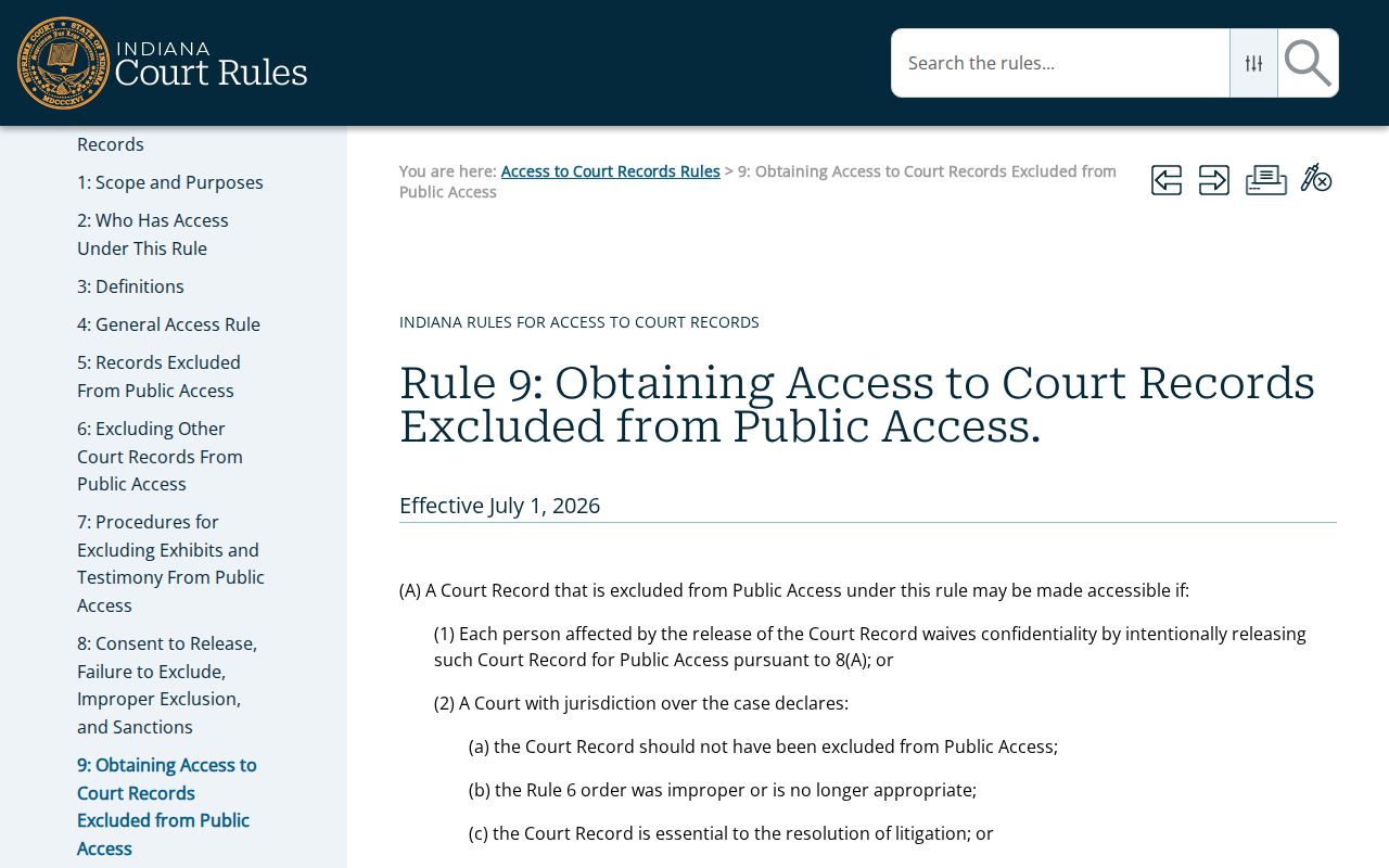 Indiana Access Rule 9 verified request process