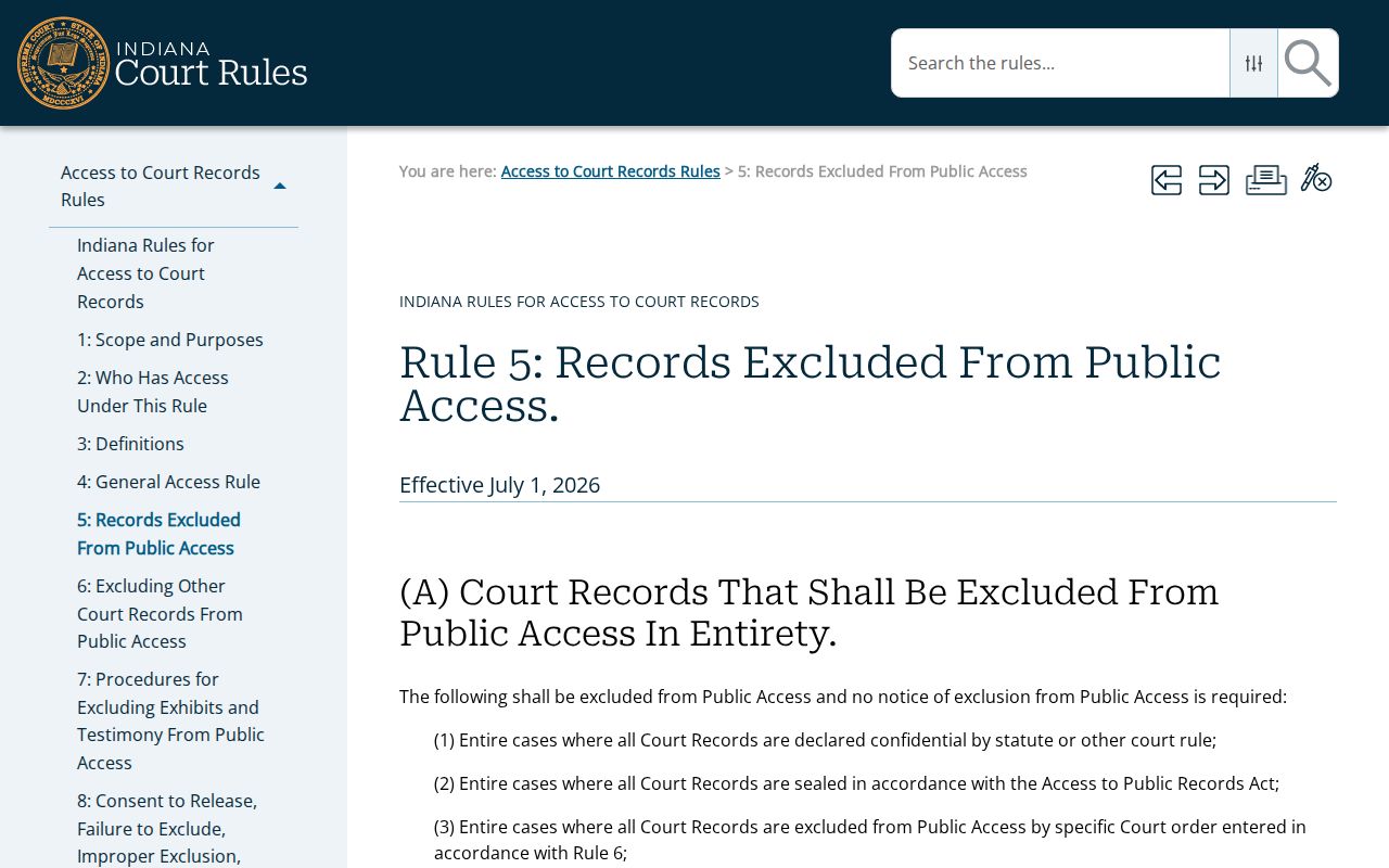 Indiana Access Rule 5 exclusions for court records