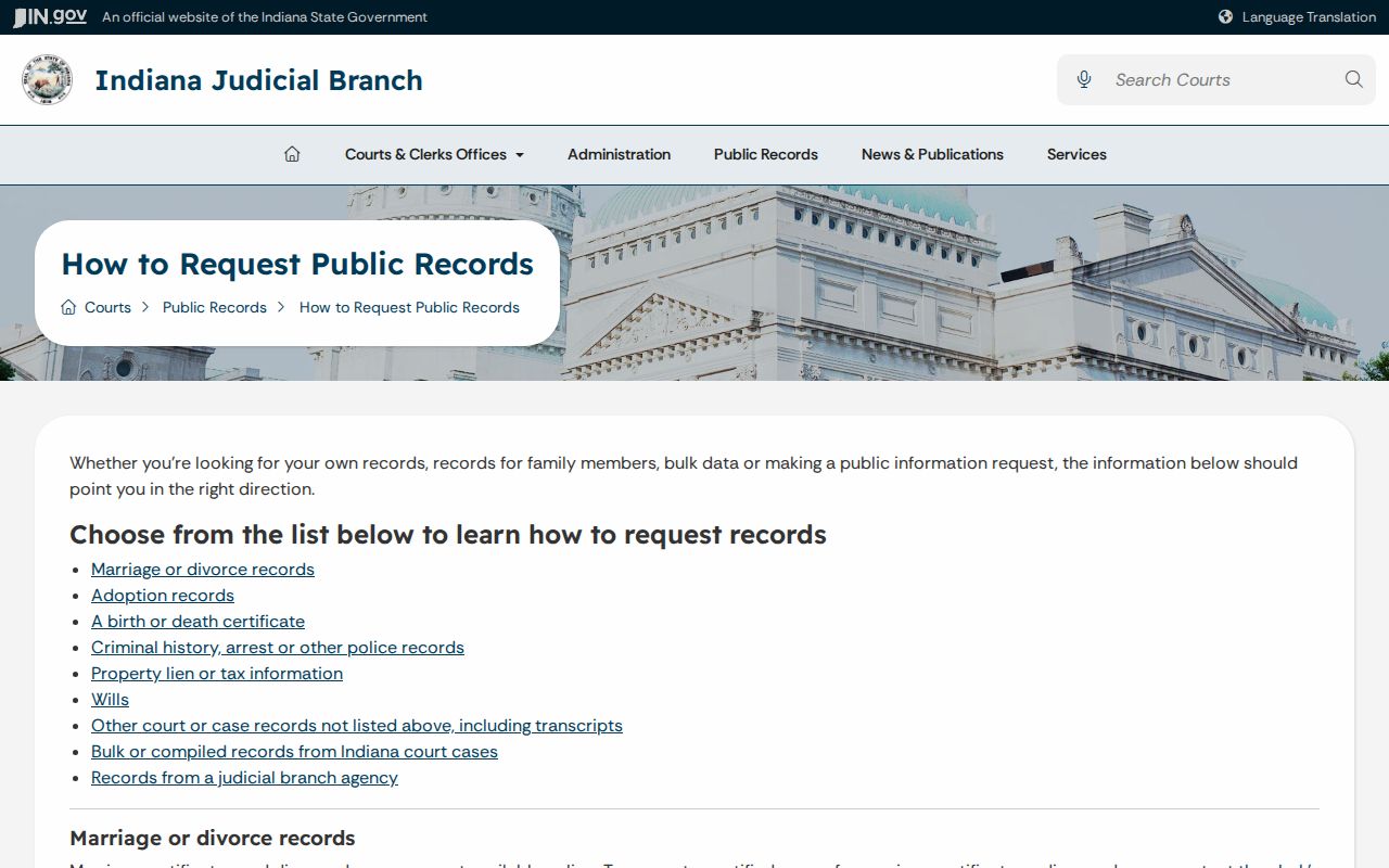 Indiana guidance for requesting Cass County court records
