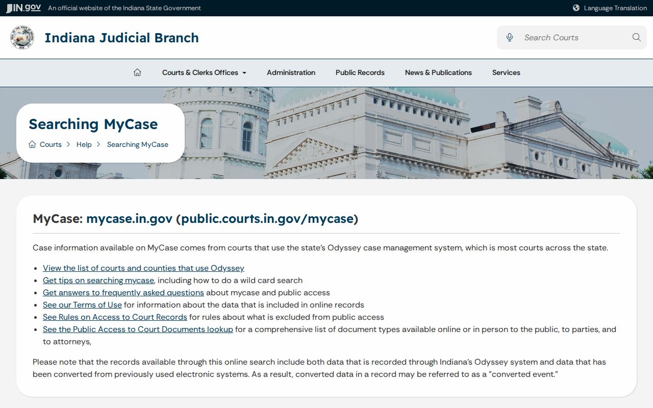 Indiana MyCase help for Cass County case lookup