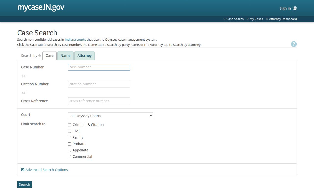 MyCase public landing screen for Cass County cases