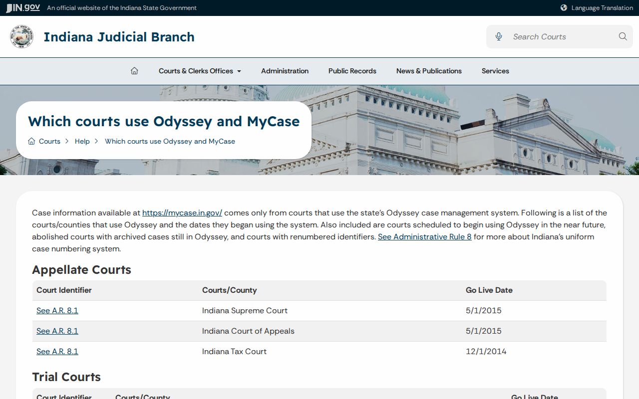Odyssey list showing Cass County courts