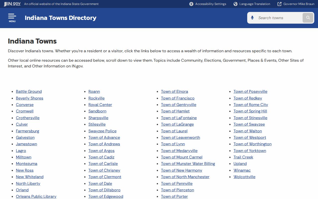 Official Indiana towns directory checked for an Onward court route