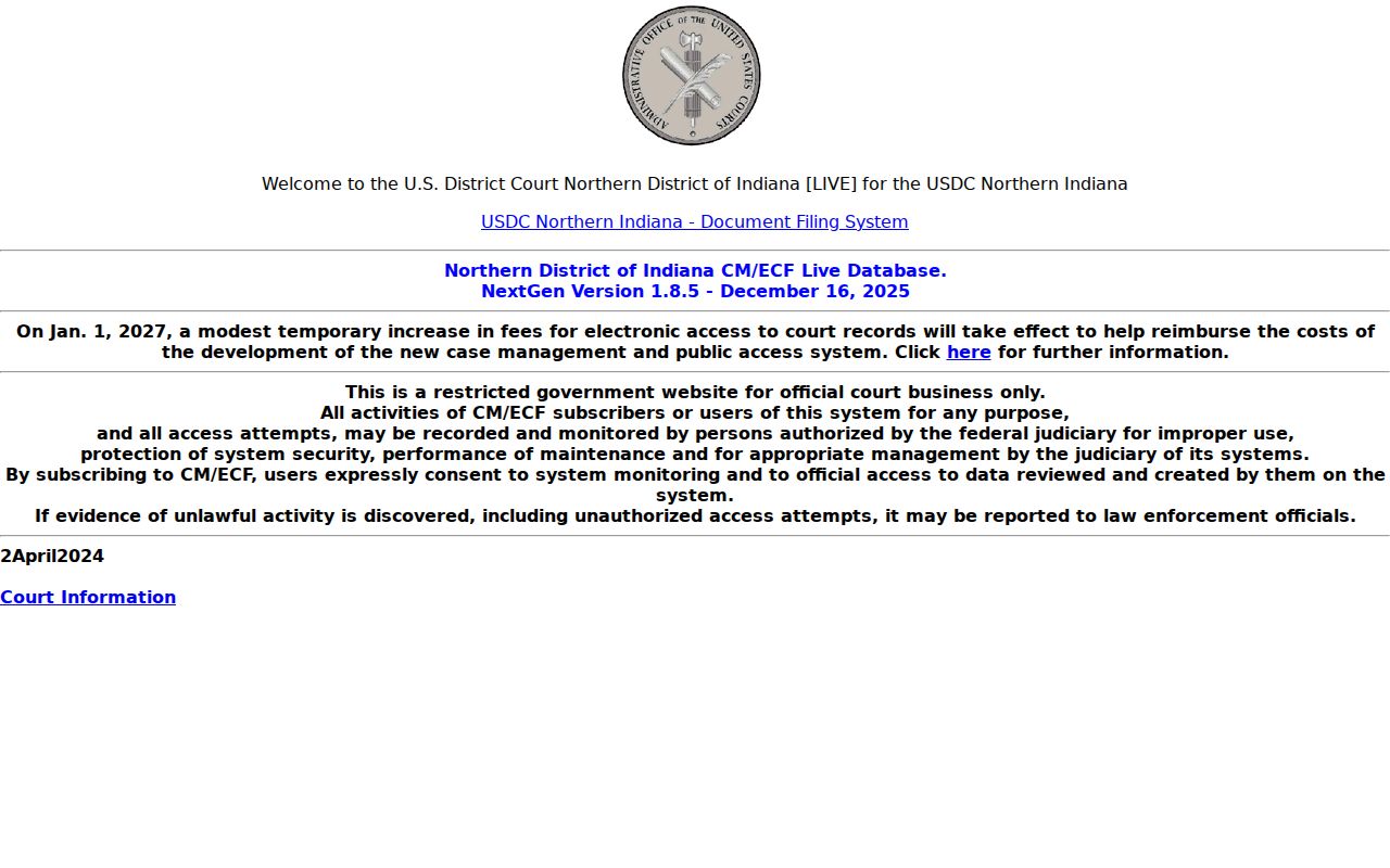 Northern District of Indiana CM ECF docket gateway