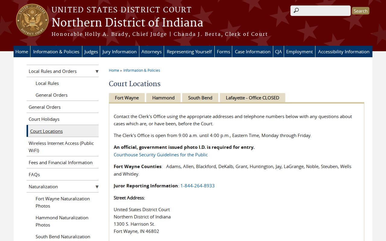Northern District of Indiana court locations for federal Onward matters